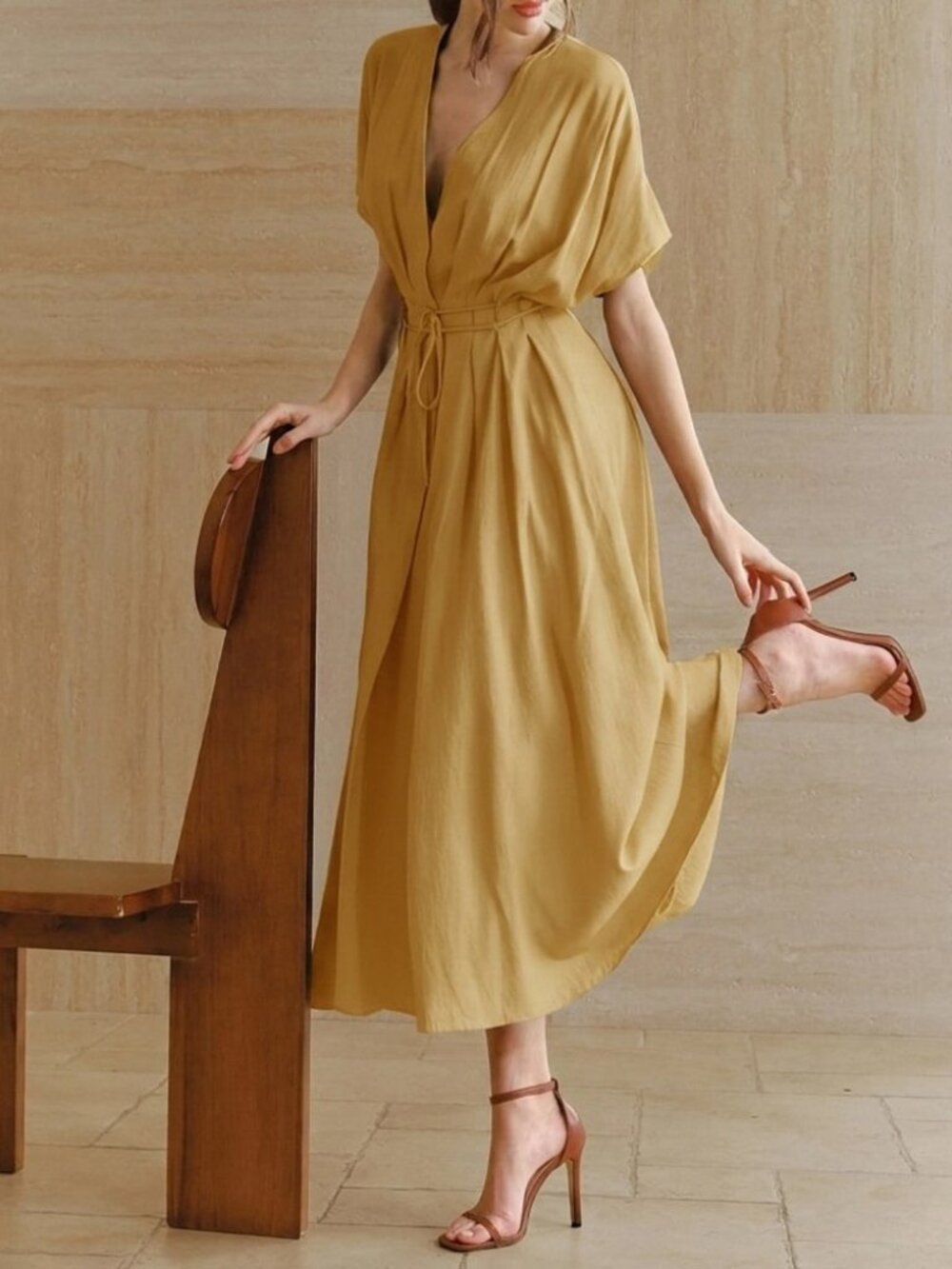 Mustard Yellow V Neck Wrap Tie Waist Midi Dress